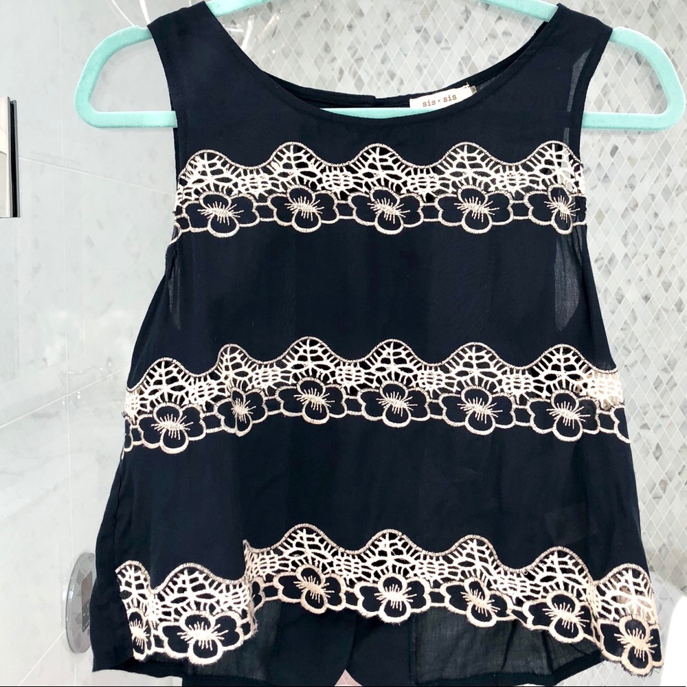 Sis Sis Navy Crop Top with Cream Embroidery